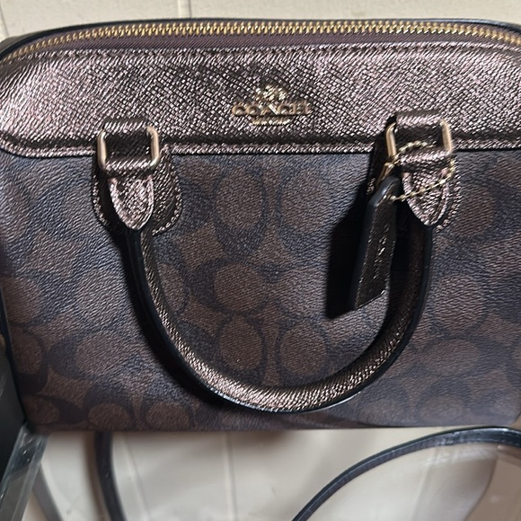Coach dark brown monogram and leopard trim side Bennet tote or crossbody - Picture 2 of 12